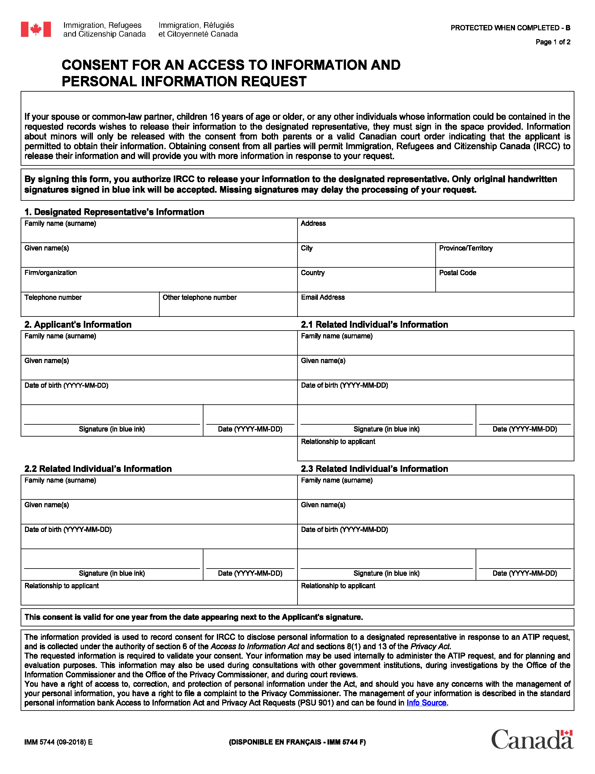 IRCC unfilled consent form imm5744e